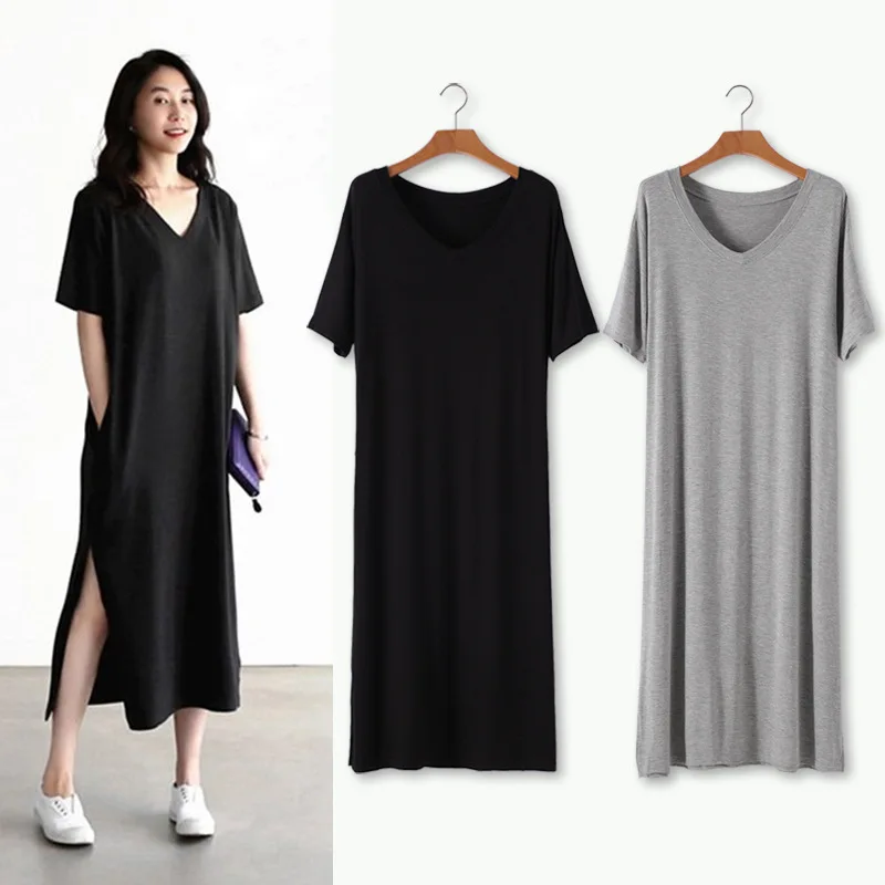 

Summer Modal Women's Loose Long Dress A-Line V-Neck with Pocket Fat Lady's dress Plus size Basic shirt dress vestido verano