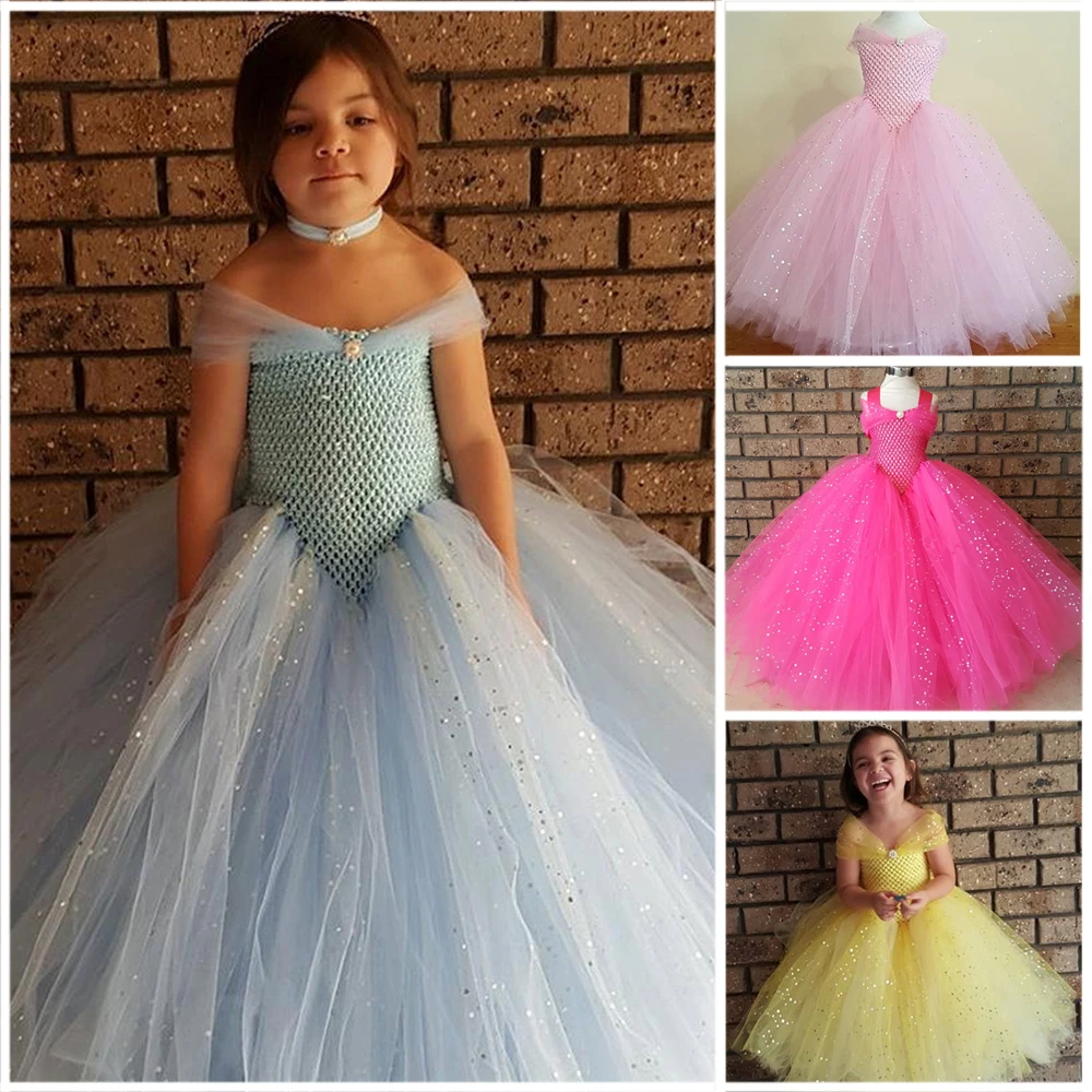 Sparkle Tulle Tutu Princess Cinderella Blue Dress Elegant Sleeveless Froze Elsa Cosplay Birthday Dress Vestido Baby Kids Clothes (10)