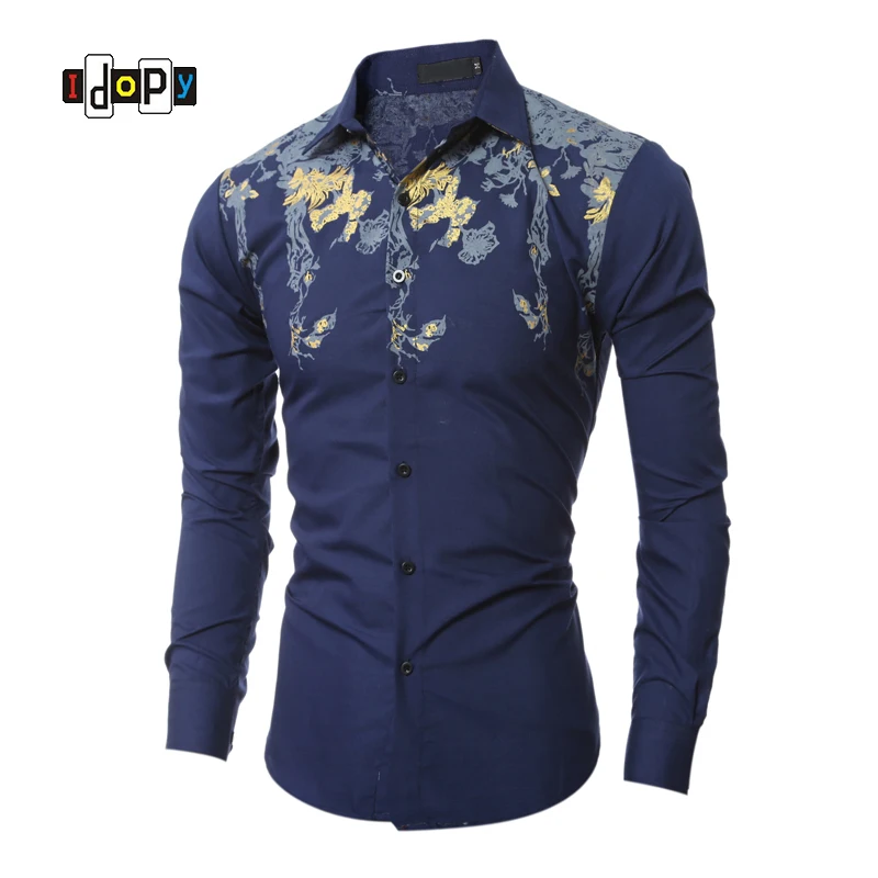Idopy Men Print Shirt Fashion New Spring Slim Fit Tuxedo Shirts Mens Long Sleeve Night Club Casual Work Shirt Men