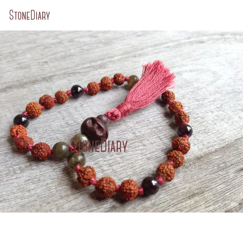20180312-BM10963-Hand knotted Rudraksha, Garnet & Labradorite 27 Bead Pocket Quarter Mala natural gemstone pyrite japa mantra meditation prayer beads_3