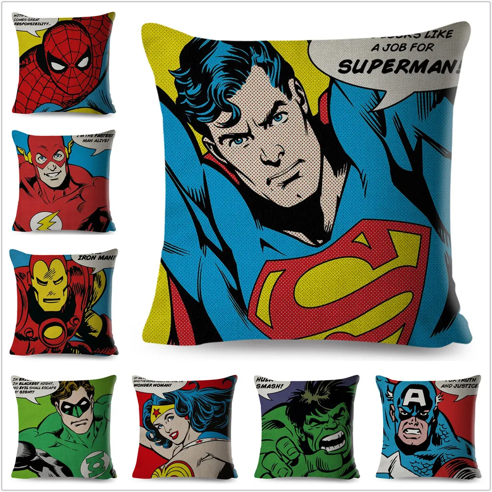 

Super Hero Pop Art Cartoon Cushion Cover Captain America Pillowcase Superman Iron Man Sofa Decor Spiderman Linen Pillow Case