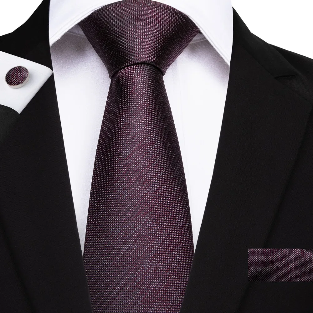 

DiBanGu Red Wine Solid Business Tie Men With Hanky Cufflinks Set Jacquard Woven Silk Neck Ties For Men Business Formal SJT-7141