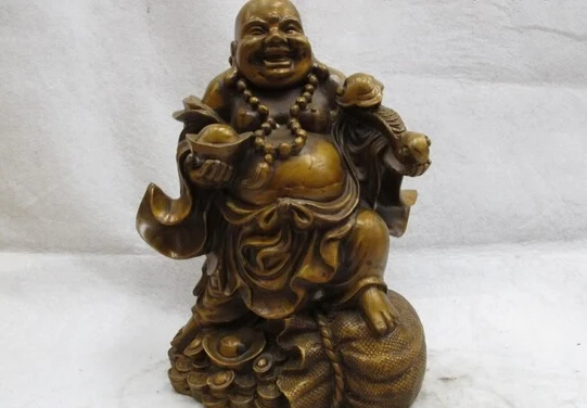 

Collectible bronze lion statue S0300 11.5 Chinese Folk Classic Bronze Yuan Bao Money bag happy Maitreya Buddha Statue (B0328)