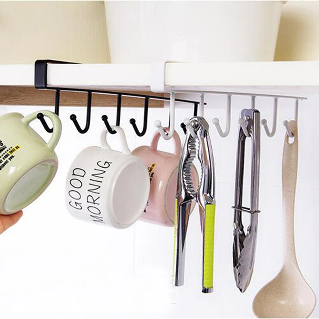 6 Hook Under Shelf Mugs Cups Wine Glasses Storage Drying Holder Rack Cabinet Hanging Organizer Rack for Kitchen Home Bathroom