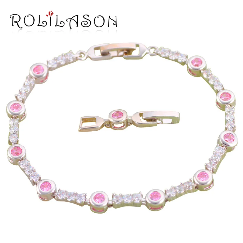 ROLILASON светло розовый и белый кристалл Циркон Серебряный браслет здоровья Никель