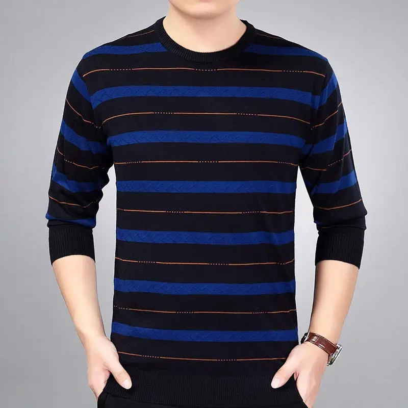 Брендовый тонкий мужской пуловер из хлопка, повседневный вязаный полосатый вязаный свитер, Мужская трикотажная одежда 5066 - Цвет: 3130Blue