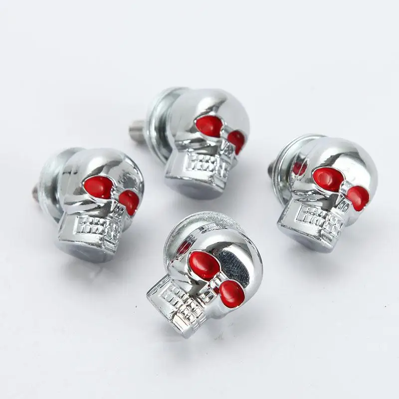 4x Chrome Head With Red Eyes Motorcycle Skull License Plate Bolts 6mm Thread For Harley Yamaha