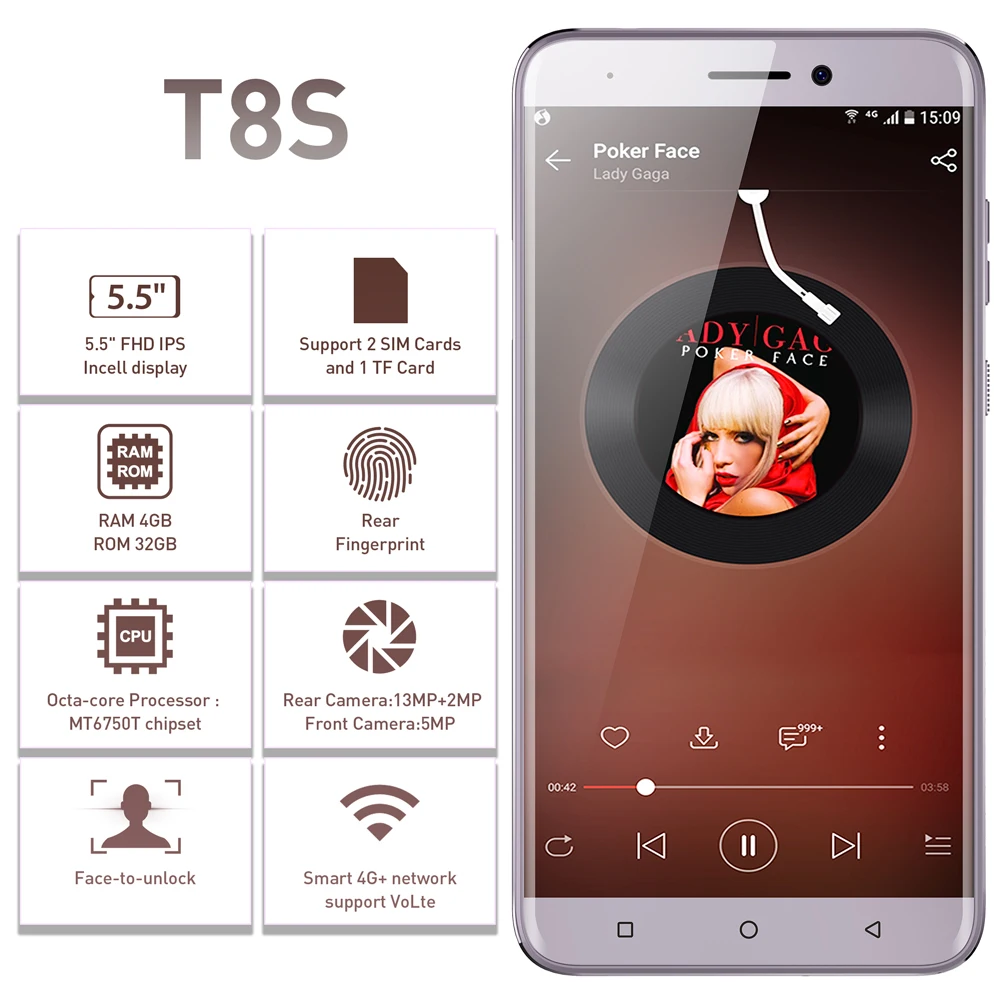  LEAGOO T8s Face ID Smartphone 5.5''FHD Incell RAM 4GB ROM 32GB Android 8.1 MT6750T Octa Core 3080mA