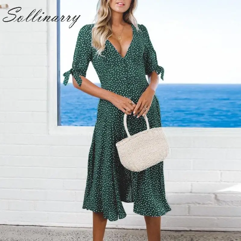 

Sollinarry Polka Dot Green Holiday Women 2019 Mid Dress Elegant V Neck Party Sexy Dress Female Button Short Sleeve Dress Vestido