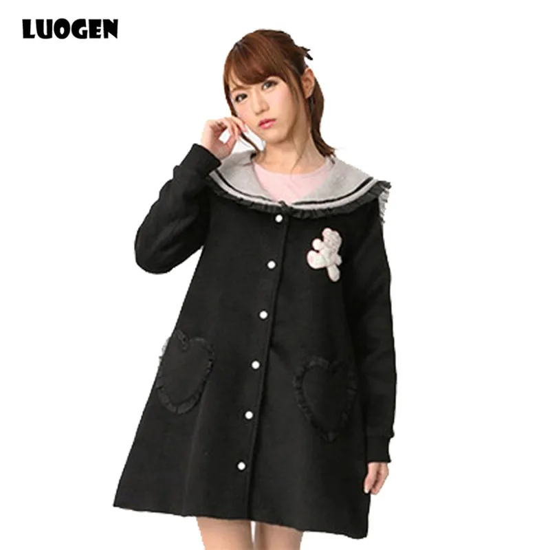 

Kawaii Japanese Women Sweatshirt Bear Cross Embroidery Sailor Collar Lace Heart Pocket Winter Coat Sweet Lolita Girl Outwear