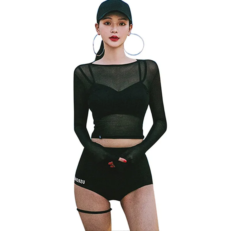 

Women Sweet Net Perspective Solid Color High Split Elastic Waist Long Sleeve Three-Piece Sports Sunscreen Swimsuit Black Bikini