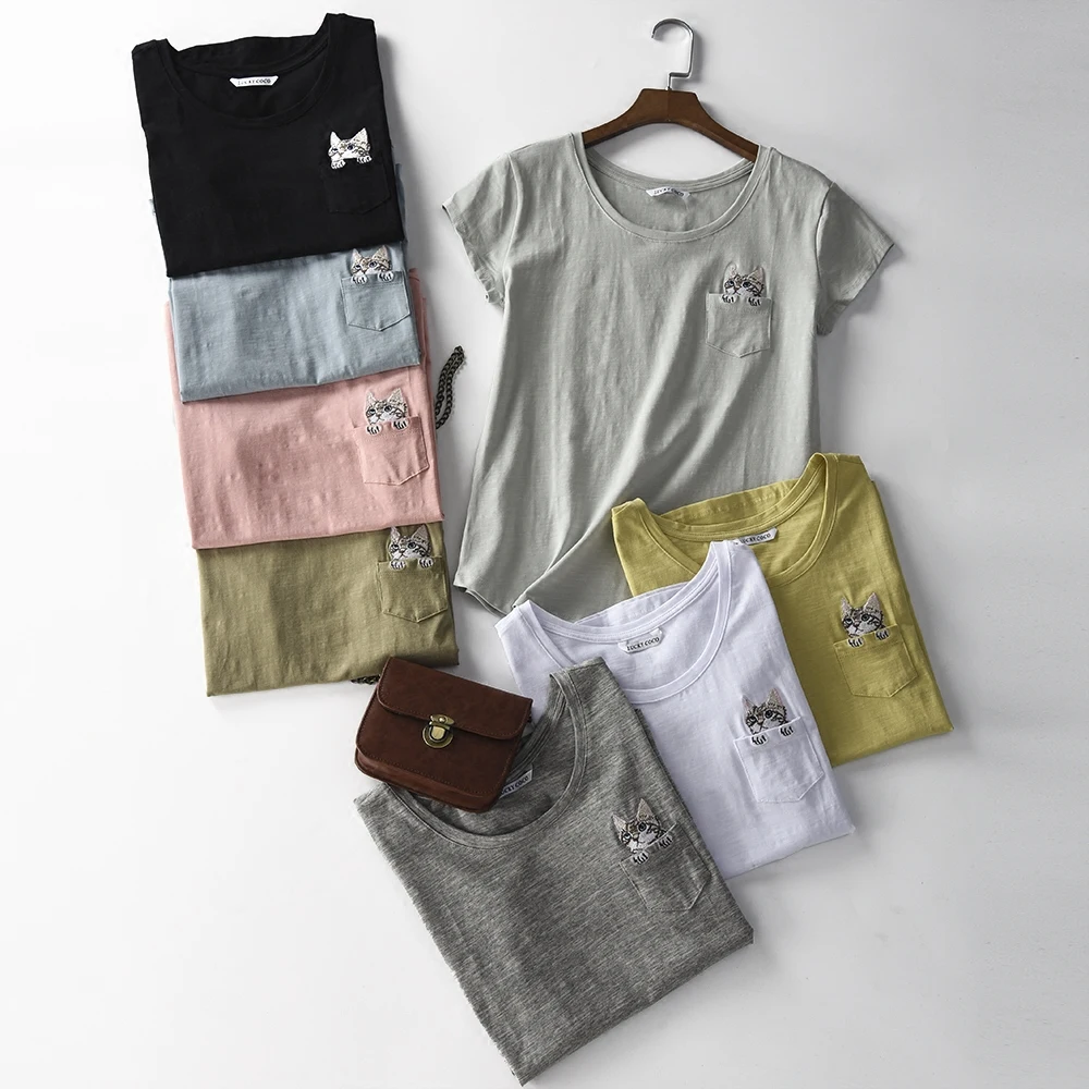 

8 colors --- pocket hiding cat embroidery short sleeve t-shirt tee top female