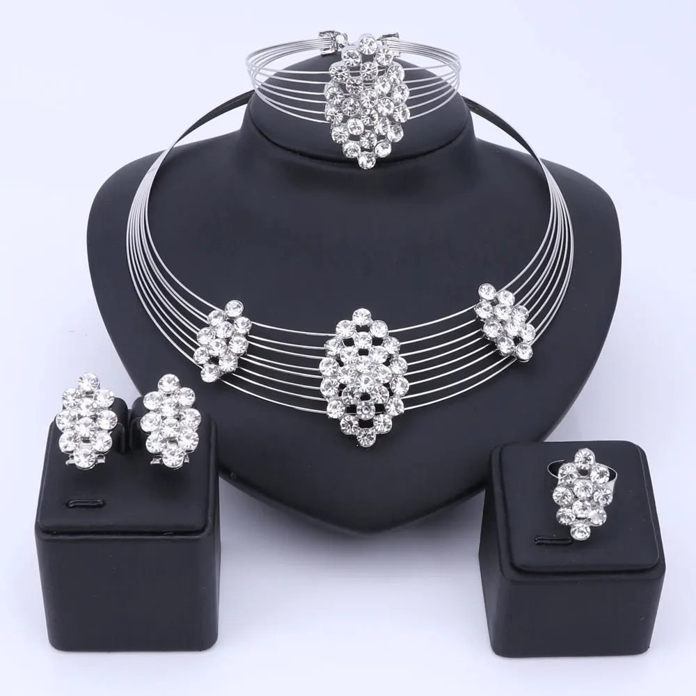 

OUHE Silver Color Wedding Jewelry Set Rhinestone Crystal Multi layer Chain Nigerian Necklace Earrings Bracelet Ring for Women