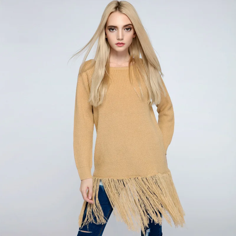 2019 NEW Women Pullovers Long Sleeve O-Neck Solid Yellow Designer Fashion Hme Tassel Female Elegant Womens Knitted Sweater | Женская