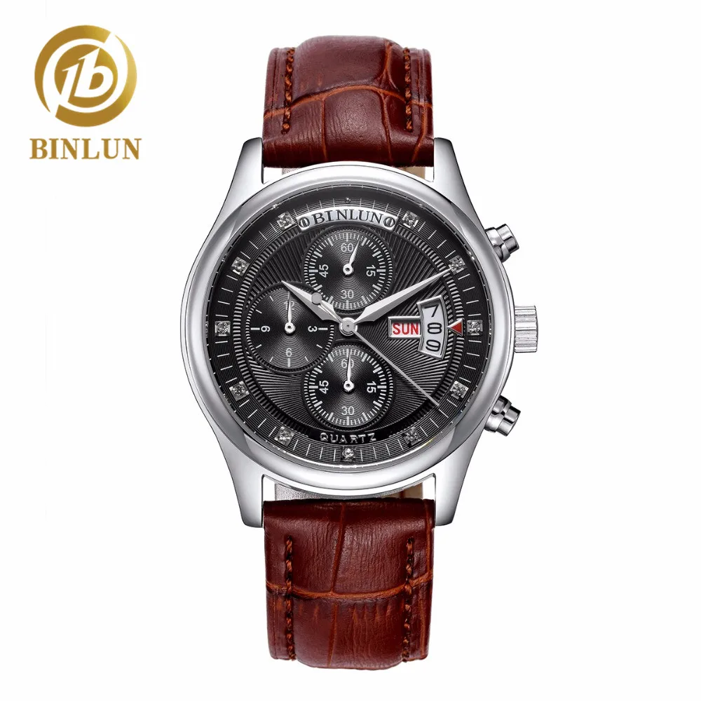 

BINLUN Genuine Leather Men's Quartz Watch Black Multi-function Dial Military Watch Waterproof Quartz Watch Men's Sport Watches