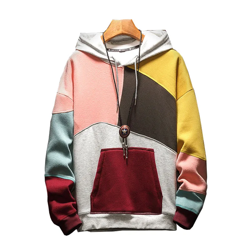 

Plus Size Patchwork Contrasted Color Casual Hooded Shirt Men High Quality Men's Hoodies Sweatshirts Pullover Hip Hop Streetwear