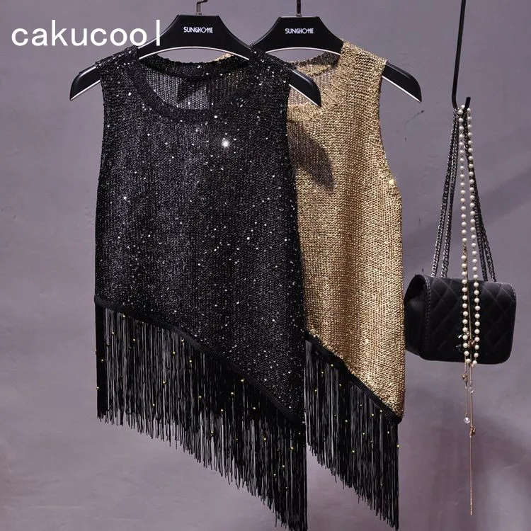 

Cakucool Bling Knit Tops Women Summer Sequin Sleeveless Blouse Asymmetric Tassels Vest Sexy Club Party Top Camisole Tanks Female