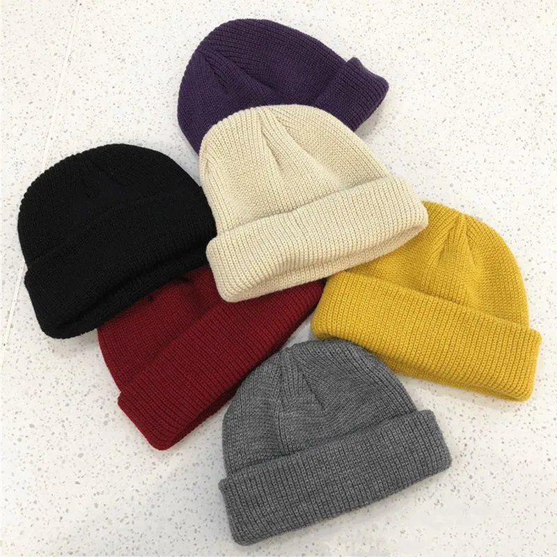 Knit Cap Solid Color Autumn Winter Hat Men Short Head Cap Outdoor Warm