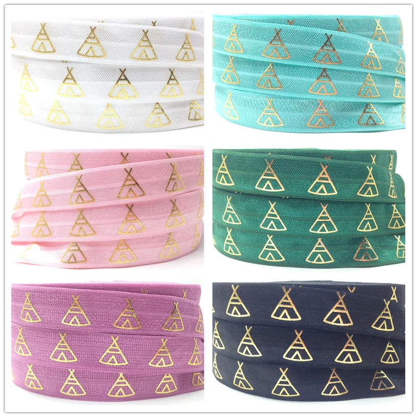 

10 Yards 8 colors Gold Teepee Print Fold Over Elastic 5/8" FOE Hair Tie Ribbon Webbing for DIY Headwear Sewing Hair Accessory