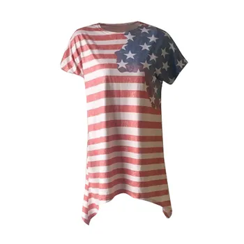 

New Fashion American Flag T-Shirt Women Plus Size Asymmetric Independence Days Casual Top Tees Female Summer Striped TShirts