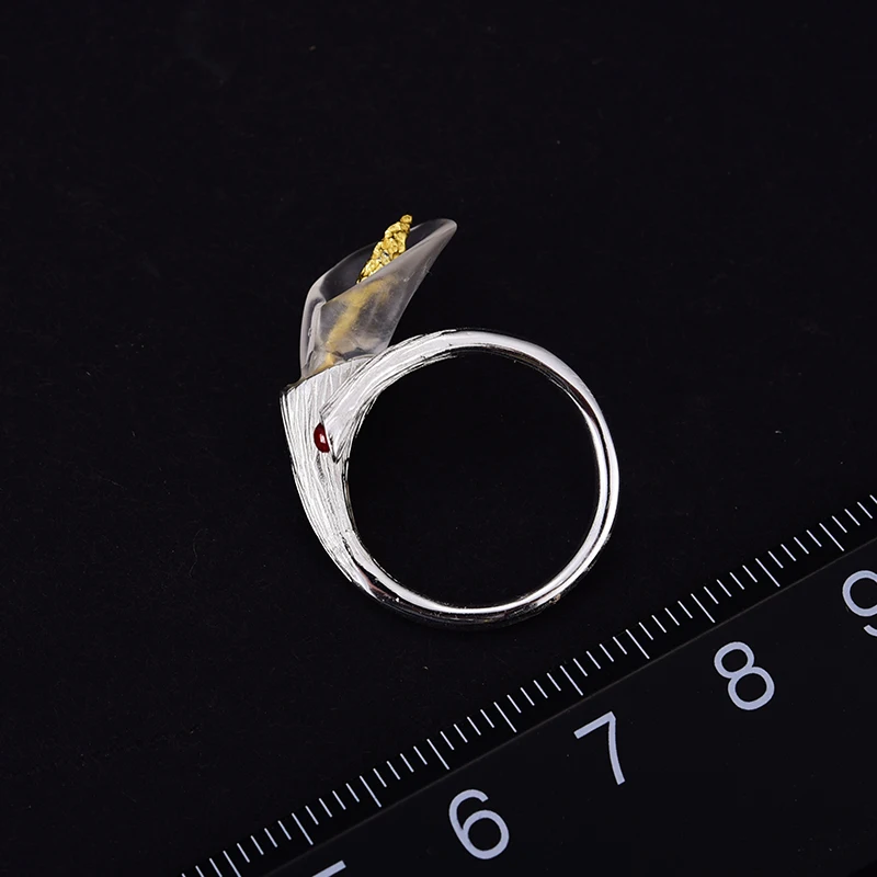 Lotus Fun Genuine 925 Sterling Silver Rings for Women Calla Lily Flower Red Zircon Finger Ring Resizable Silver 925 Jewelry