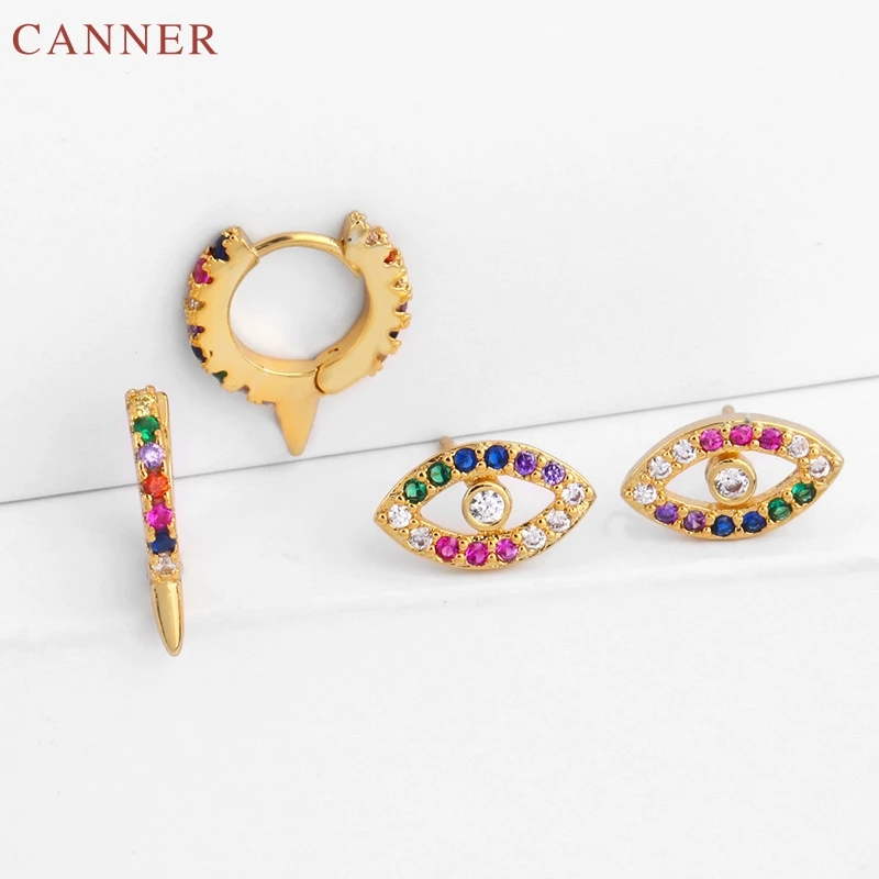 Colorful Crystal Rhinestone Stud Earrings for Women Bling Cubic Zirconia Earrings 2019 Rainbow Evil Eye Earings Gold Jewelry C40