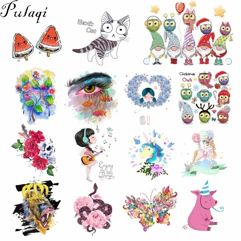 

Pulaqi Anime Christmas Owl Lion Patches Iron On Transfers Vinyl Stickers Rose Skull Heat Transfer For Clothes Print Decoration F