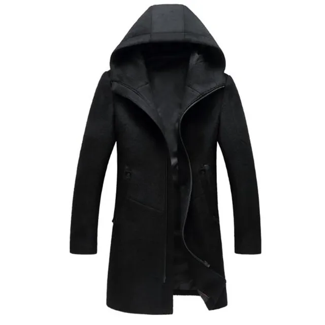 Winter Long Hooded Trench Coat Men 2017 Winter Casual Men's Wool Hoodie