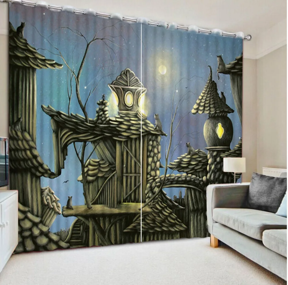 

Creative Building 3D Curtains For Living room Hooks Polyester Decorative Curtain Photo Moon 3D Blackout Window Curtains
