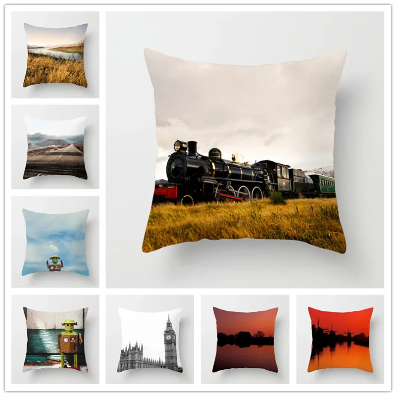 

New Arrival Old-fashioned Train 45cm*45cm Polyester Peach Skin bedding pillow cover home decor pillowcases