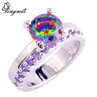 lingmei Pretty and Colorful Round Cut Rainbow Topaz & Amethyst Jewelry Silver Ring Size 6 7 8 9 10 11 12 Wholesale Free Shipping
