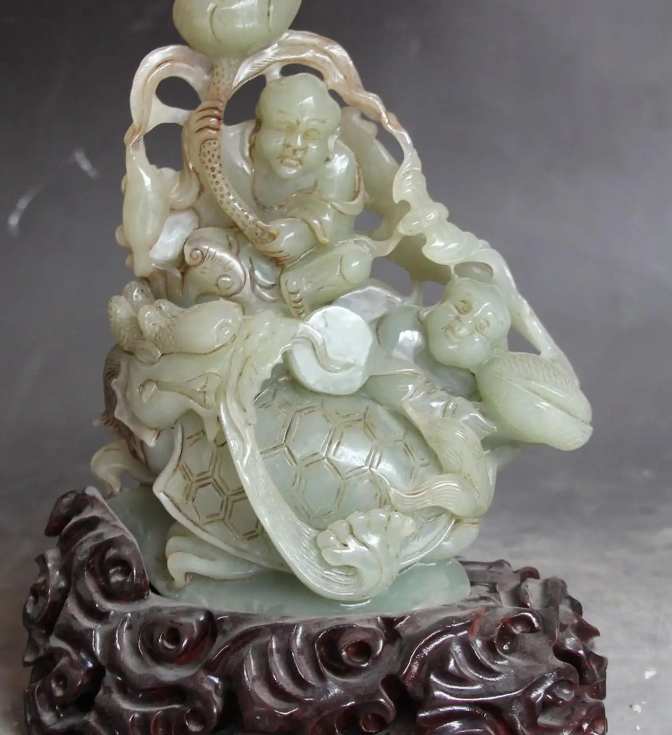 

13" Old Unique Natural Xinjiang HeTian Jade Dragon Turtle Tourise Tongzi Kid