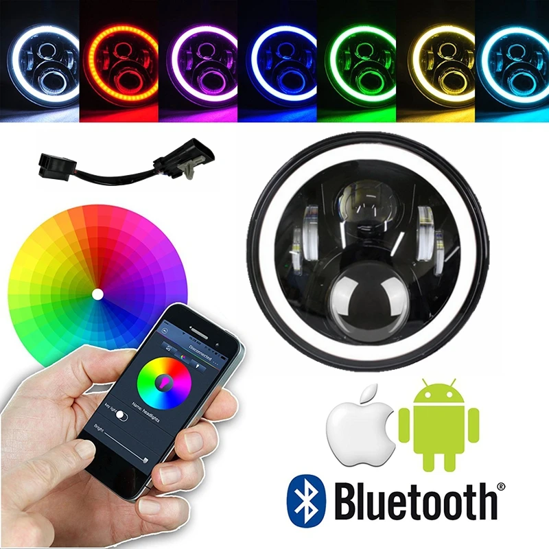 

7 Inch LED Headlight Assemblies 50W with Multicolor RGB Halo Angle Eye APP Bluetooth Remote For Harley Davidson Headlamp