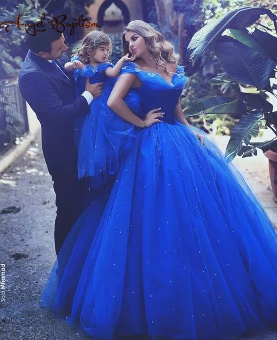 Длинное ярко-синее платье принцессы Золушки с цветочным узором для девочек бальное платье с открытыми плечами, пышное фатиновое платье-пачка, детское платье для первого дня рождения