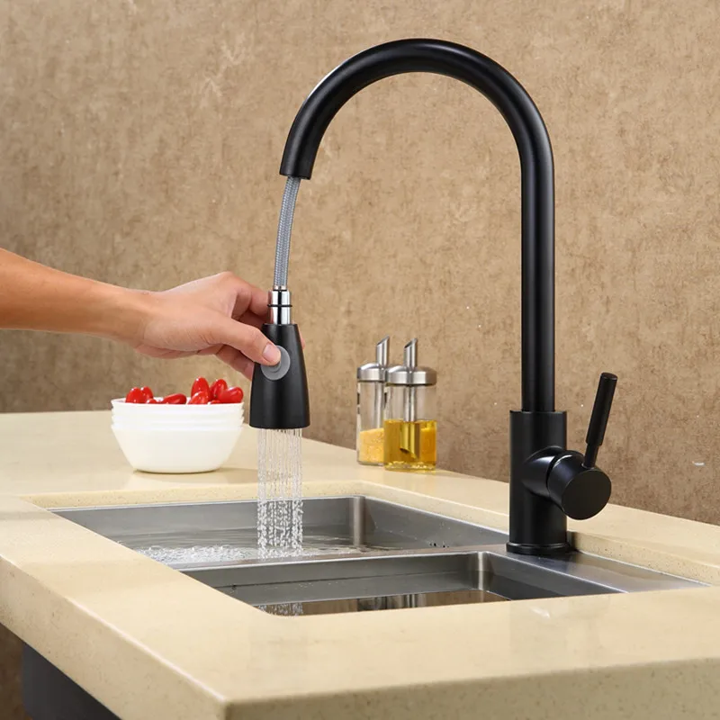 

Brass pull out type kitchen faucet cold and hot water wash basin faucet sink and black faucet deck mounted 0032