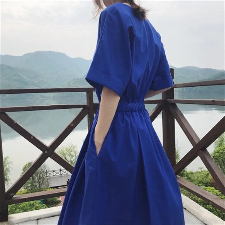 TVVOVVIN, летний Повседневный женский пуловер, плиссированное платье с v-образным вырезом и коротким рукавом синего цвета, свободное платье миди H1188
