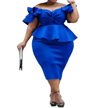 

African Clothes Plus Size Ruffles Pencil Dress Women Bodycon 4XL Slash Neck Bandage Knee Length Dress Partyclub L-4XL