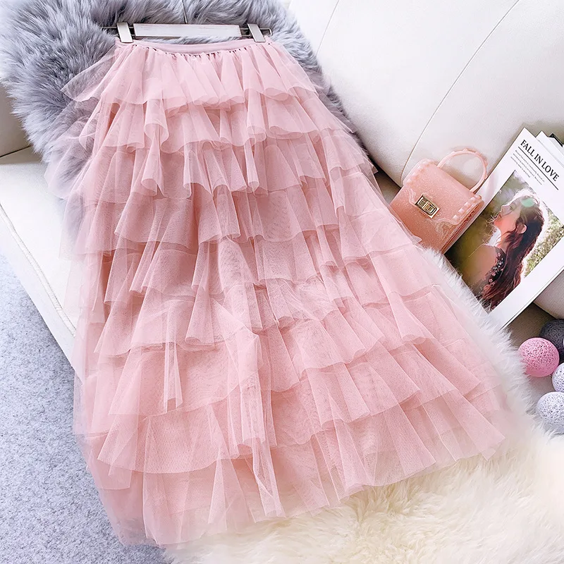 AcFirst Весна Для женщин модные розовые черная юбка с оборкой, с высокой посадкой плиссе длиной до лодыжки юбка сетчатая одежда бальное платье