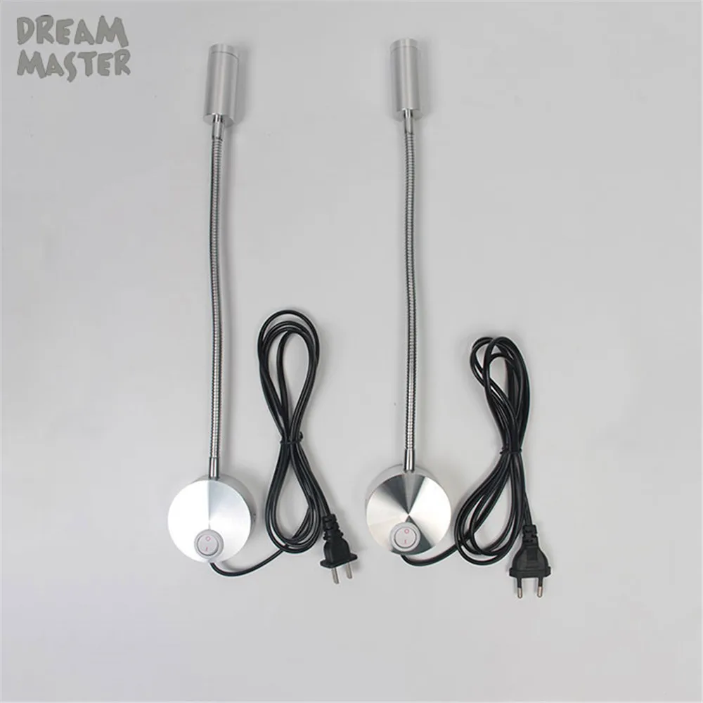 

New Silver Flexible Hose LED Modern Wall Lamp 3W led switch Lamp Bedside Reading Light Study Painting Wall Lighting with EU plug