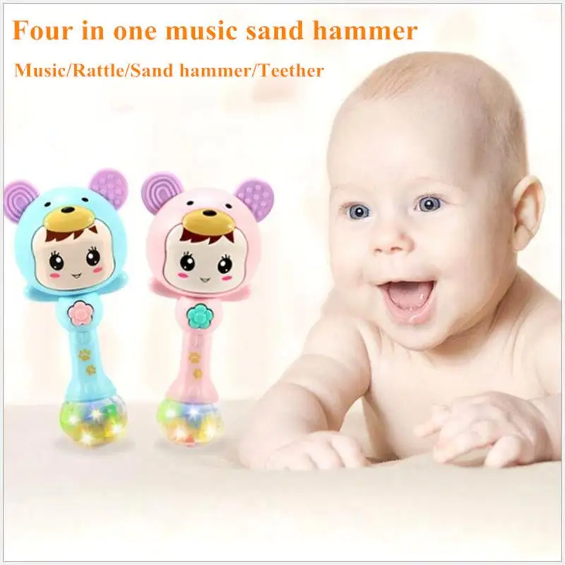 

Four in one music Flashing sand hammer Baby Teether Rattles toy Educational safety material Hand Bell Early Learning Toys