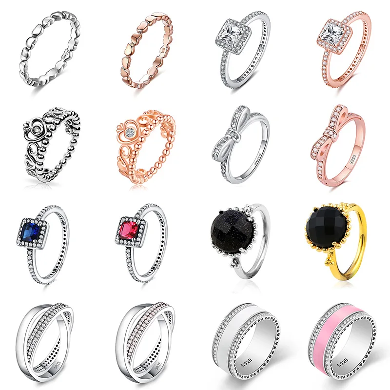 

925 Silver Ring Charm Women Princess Crown Heart Enamel Big Stone Crystal Finger Rings For Women Jewelry