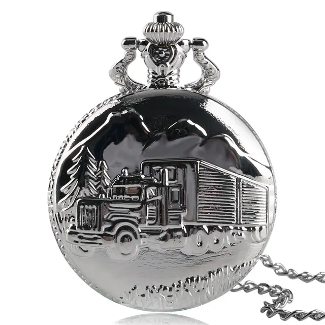 Solid Silver Lorry Carving Pocket Watch Simple Truck Car Pattern Slim Necklace C Solid Silver Lorry Carving Pocket Watch Simple Truck Car Pattern Slim Necklace C