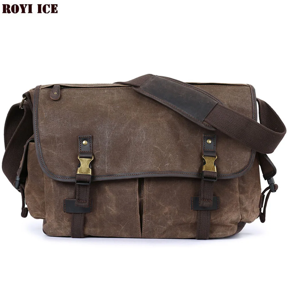 

ROYI ICE 2019 Men Wax Canvas Shoulder Bag Horse Leather Waterproof Canvas Bags Large Capacity Retro Shoulder Messenger Bag
