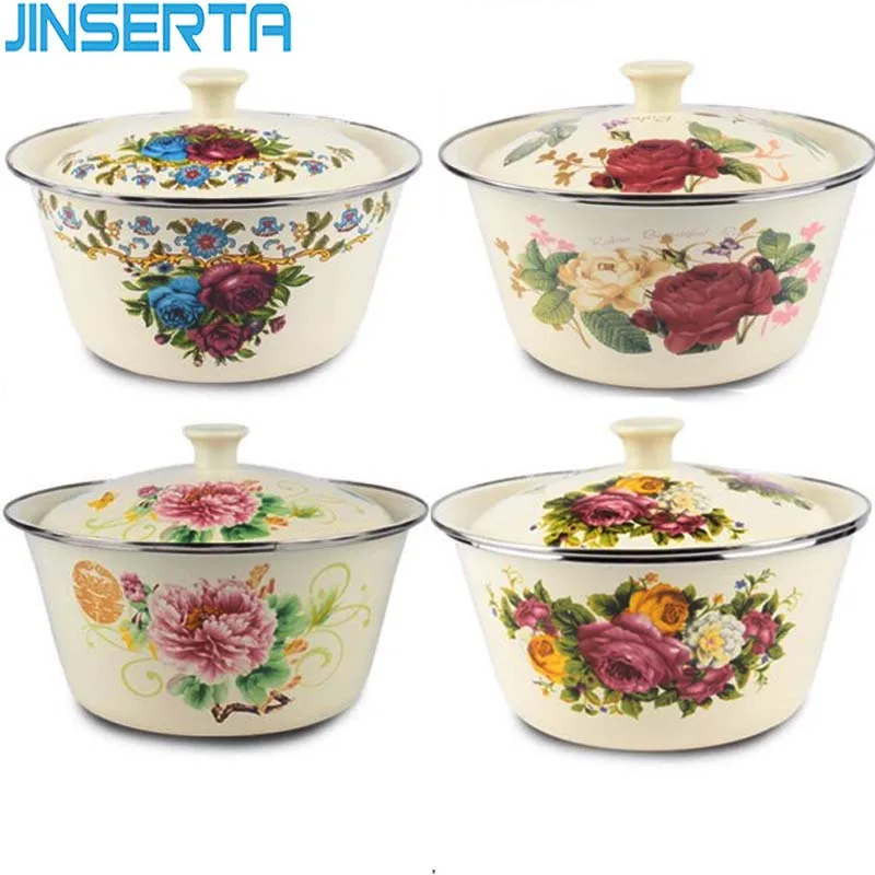 

JINSERTA Enamel Bowl Dish Thickened Large Capacity Vintage with Cover Pots Suitable for Kitchen Refrigerator Storage Food