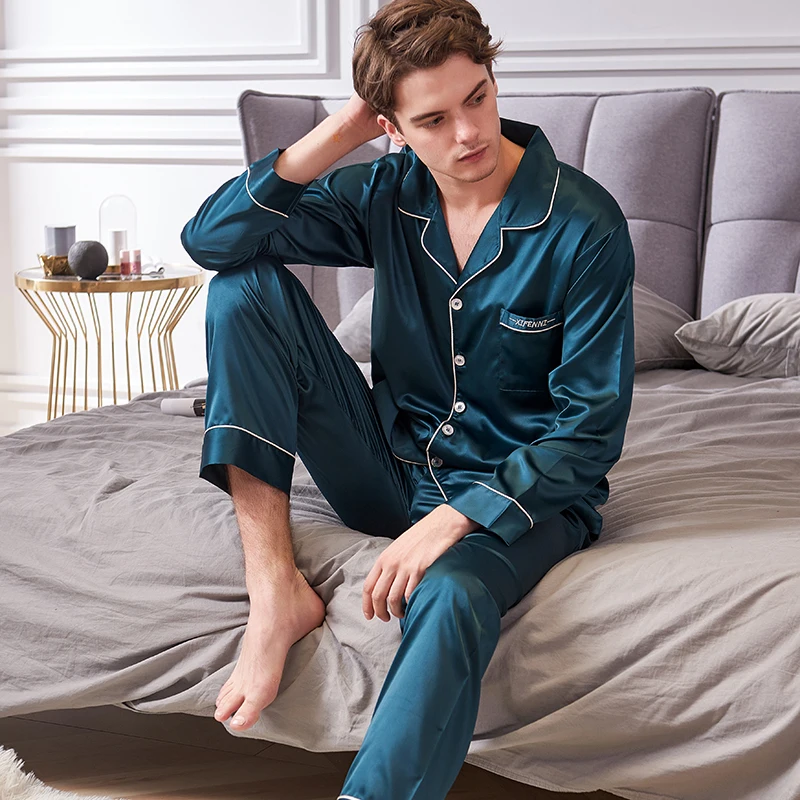Faux Silk Pajamas Male 2019 Autumn New Silky Ice Silk Sleepwear Man Long-Sleeve Solid Color Pajama Sets X9002