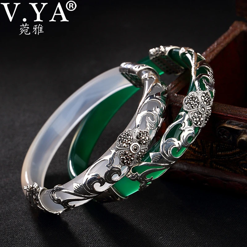 V. YA цельные 925 серебряные браслеты для женщин роскошное, с натуральным камнем браслет Марказит Цветок открытие браслет тайский серебряный ювелирные изделия