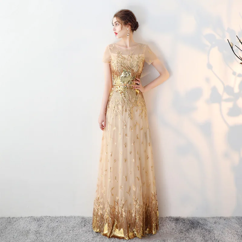 

2019 Gold sequin Long Evening Dresses Elegant prom gowns Formal Party dress Zipper Back vestido de festa robe longue