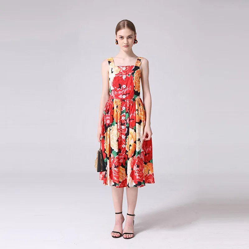 

Women Brand new design buttons slip dress 2019 summer runways floral print sweet dress A325