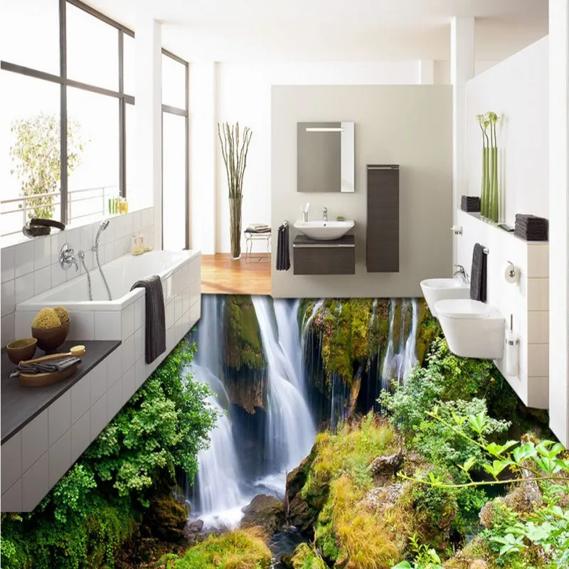 

Free Shipping Aesthetic Green Tree Stream Falls flooring painting hotel street decoration self-adhesive floor mural