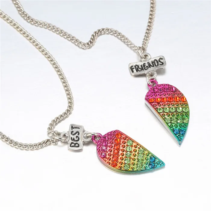 Набор из 2 BFF ожерелья с радужные стразы подвеска в виде разбитого сердца Стразы магнитное Сердце ожерелья для девочек подарок